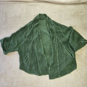 Meo Meli Green Textured Open Front Top Cropped Dolman Sleeve Boho W/pocket Women